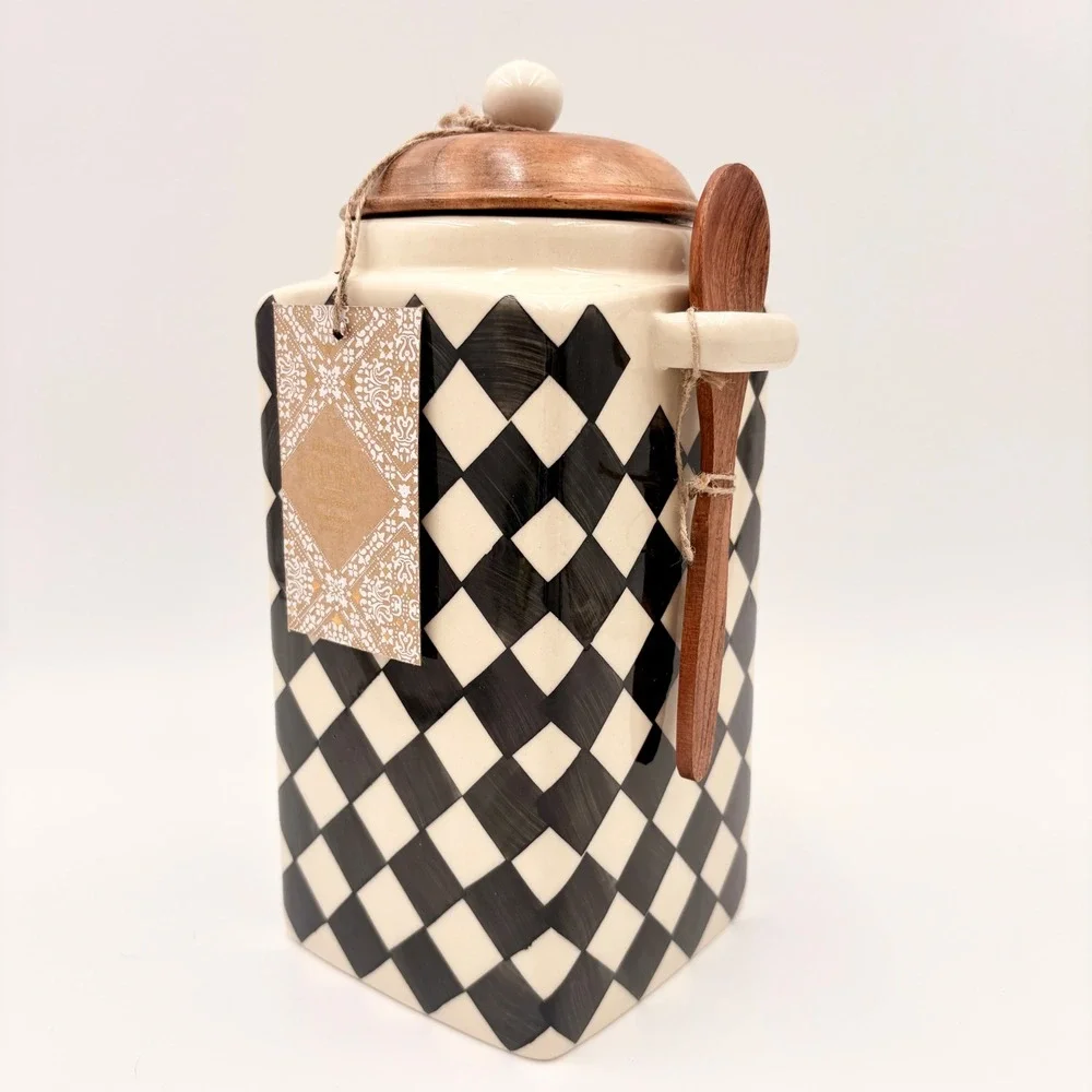 Hand Painted Black White Checkered Ceramic Canister with Wood Lid and Spoon